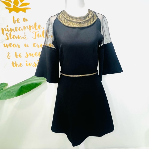 GENEVIE Black Mini Dress Gold & Sheer Bell Sleeve Dress NWT Size Small Medium - Picture 2 of 14